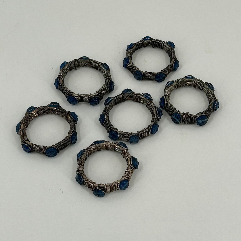 Vintage Napkin Rings Set of 6 Silver Tone Wire Wrapped Blue Glass Floral Detail